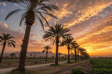 A beautiful sunset over a palm tree filled landscape