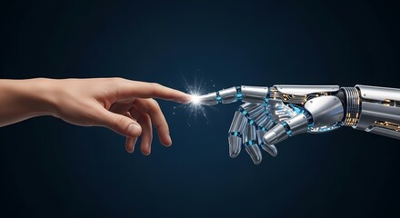 Human Hand Touching Robotic AI Hand | Symbolic Connection, Future Technology, Digital Intelligence, and Collaboration on Dark Background