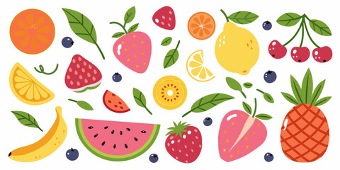 Colorful arrangement of various fresh fruits including berries citrus and watermelon