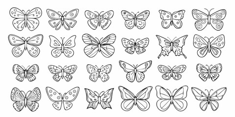 A collection of monochrome butterfly illustrations arranged in a repeating pattern