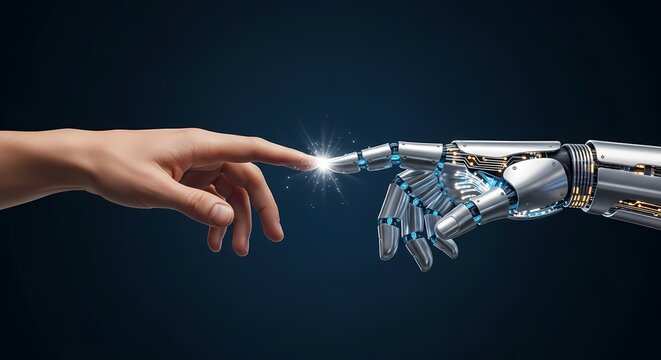 Human Hand Touching Robotic AI Hand | Symbolic Connection, Future Technology, Digital Intelligence, and Collaboration on Dark Background