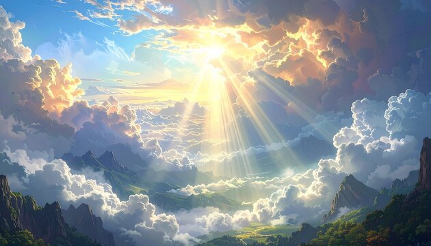 Dramatic sunrise breaking through storm clouds over misty mountains and valley landscape