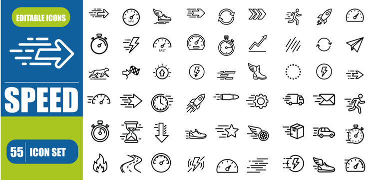 Speed Outline Icon Set &ndash; Fast, Slow, Turbo, Speedometer and Productivity Editable Stroke Vector Illustration
