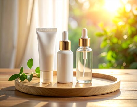 Radiant morning light illuminates a natural skincare product display featuring elegant white and clear bottles on a wooden tray, symbolizing fresh beauty and organic wellness