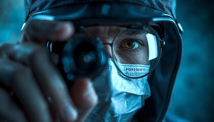 A mysterious person wearing a protective mask and goggles intently points a camera lens towards the viewer.