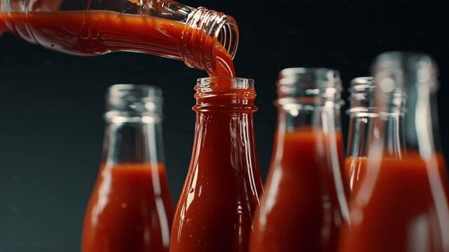 Red Sauce Being Poured into Glass Bottles for Storage and Serving