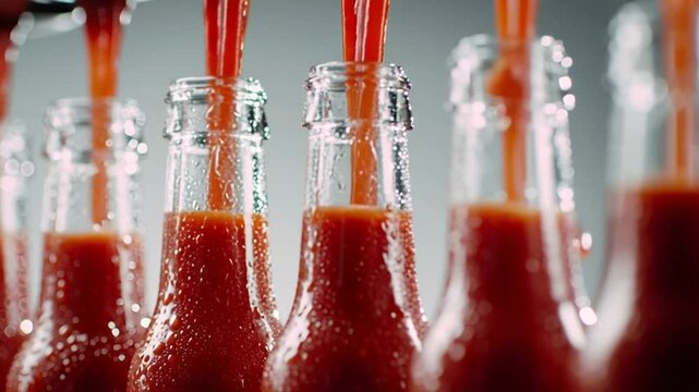 Glass Bottles Being Filled with Red Liquid in a Production Line