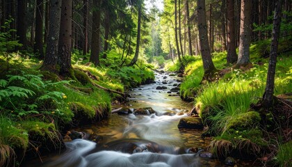 Obraz premium Serene forest river flowing through lush green mossy woods with sunlight rays
