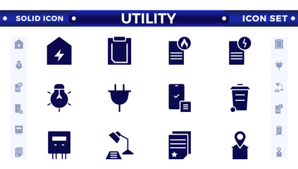 Public utilities web icons in solid style. Rent receipt, electricity, water, gas, garage, heating, Water, Fuel, Electricity, Solar House, Maintenance collection.