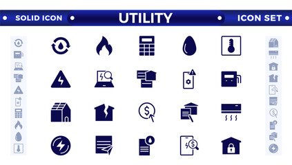 Public utilities web icons in solid style. Rent receipt, electricity, water, gas, garage, heating, Water, Fuel, Electricity, Solar House, Maintenance collection.