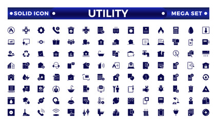 Public utilities web icons in solid style. Rent receipt, electricity, water, gas, garage, heating, Water, Fuel, Electricity, Solar House, Maintenance collection.
