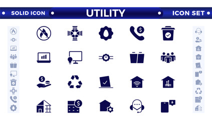 Public utilities web icons in solid style. Rent receipt, electricity, water, gas, garage, heating, Water, Fuel, Electricity, Solar House, Maintenance collection.