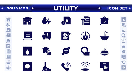 Public utilities web icons in solid style. Rent receipt, electricity, water, gas, garage, heating, Water, Fuel, Electricity, Solar House, Maintenance collection.
