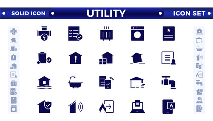 Public utilities web icons in solid style. Rent receipt, electricity, water, gas, garage, heating, Water, Fuel, Electricity, Solar House, Maintenance collection.
