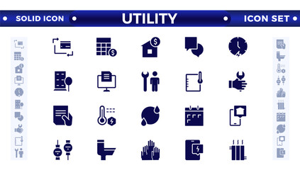 Public utilities web icons in solid style. Rent receipt, electricity, water, gas, garage, heating, Water, Fuel, Electricity, Solar House, Maintenance collection.