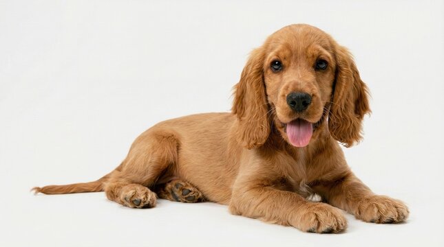 Happy golden cocker spaniel puppy lying on white background,looking playful and cute,perfect for pet advertisements,veterinary themes,or dog training promotions