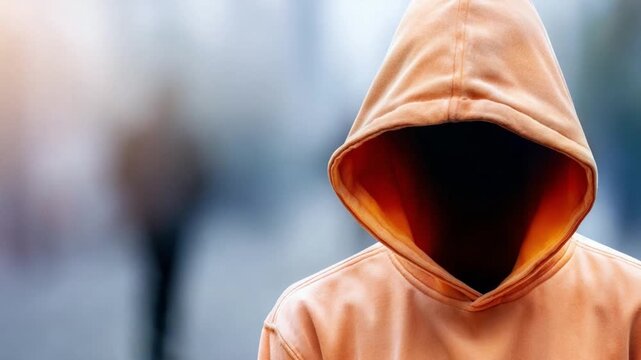 Mystery Person in Hoodie: A person wearing an orange hoodie stands in front of a blurred out background, adding an air of mystery, intrigue, and anonymity.