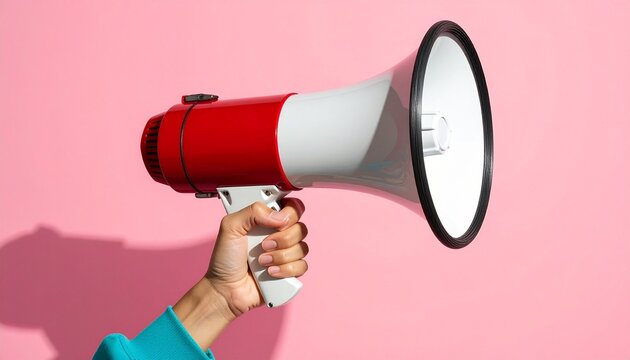 Hand holding red and white megaphone against pink background