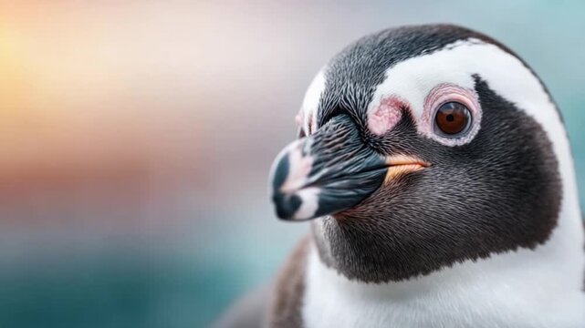 Gentle Penguin Gaze: A close-up portrait of a penguin, revealing its expressive eye and detailed plumage, framed against a blurred backdrop, creating an intimate connection with the viewer.