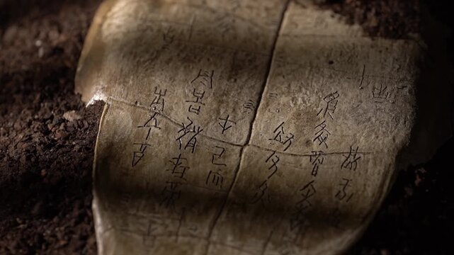 Close-up of oracle bone inscriptions carved on turtle shells, representing ancient Chinese pictographic writing. The image highlights the origin of Chinese characters, ancient civilization, and histor