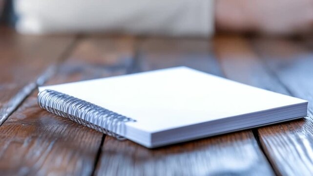 Clean Slate on the Table: A pristine, blank notebook lies open on a rustic wooden table, inviting creativity and thought. Evokes a sense of anticipation and inspiration.
