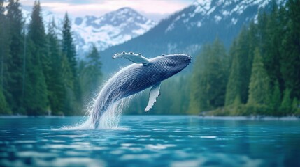 Obraz premium Whale A humpback whale breaching the surface of the ocean with water cascading off its body.
