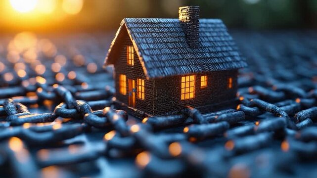 The House on Chains: An enigmatic miniature house, illuminated from within, rests atop a sea of interlocked chains, symbolizing concepts of security, confinement, or the weight of property.