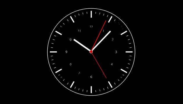 A stark, minimalist clock face with a black background and white hour markers. Two hands indicate the time, and a second hand in red