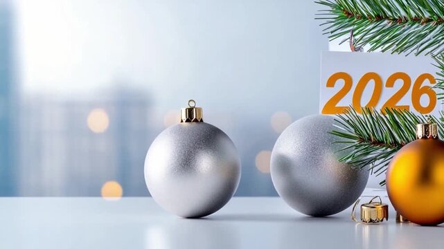New Year's Eve 2026: Festive silver and golden baubles decorate a table. A calendar sits ready for the New Year, complemented by an evergreen branch and a glittering holiday atmosphere.