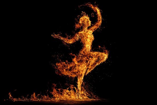 A silhouette of a dancing figure made of flames against a solid black backdrop