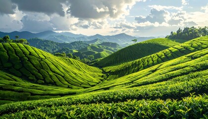 Fototapeta premium Vibrant green tea plantation hills under dramatic cloudy sky landscape