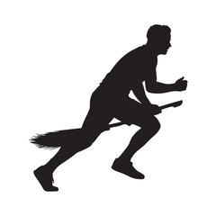 Naklejka premium Black silhouette of a man running with a broomstick during a Quidditch match or training.