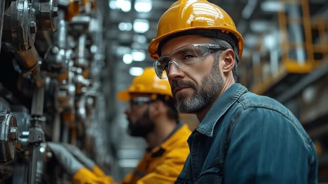 Industry Insight: A skilled technician, clad in safety gear, examines the intricate machinery within a modern industrial facility, embodying precision and expertise.