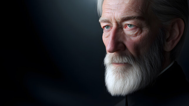 Portrait of wisdom: A detailed portrait of an elderly person, showing their age and experience. the person gaze into the distance with thoughtful eyes.