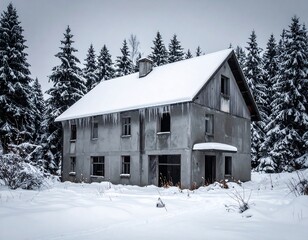 A stark two-story structure, likely abandoned, stands amidst snow-covered ground and surrounding evergreens. Icicles hang. The sky is overcast