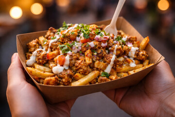 Close-up of hands holding a tray of delicious loaded fries topped with seasoned meat, white sauce, and fresh herbs.