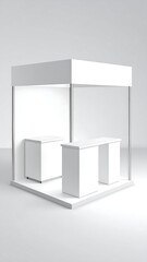 A stark white, empty trade show booth with two rectangular tables, arranged within a clean, minimalist design