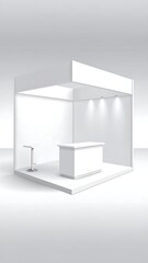 A stark white, empty trade show booth illuminated by overhead lights. A small counter and table stand ready for use