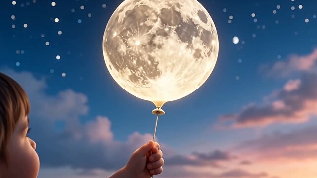 Surreal Child Holding Glowing Full Moon Balloon Against Starry Night Sky