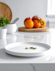 A stark white plate is the focal point, with a few small leaves and seeds. Fresh produce and kitchenware are in the blurred background