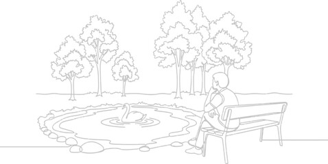 Obraz premium Man sitting on bench near fountain in park