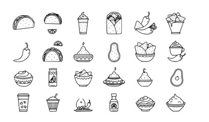 Minimal outline Mexican food vector icons set with doodle style cuisine illustrations