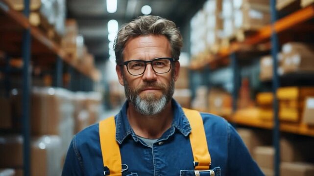 Warehouse Overseer: An experienced warehouse worker, with eyeglasses and a confident gaze, stands amidst the organized rows of stored goods, embodying the heart of a well-run operation.