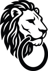 Minimal vector silhouette, antique door knocker shaped like a lion&rsquo;s head, solid black, isolated on white.