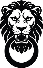 Minimal vector silhouette, antique door knocker shaped like a lion&rsquo;s head, solid black, isolated on white.