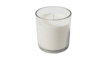 白いアロマキャンドル、ガラス容器入り、上から見たクローズアップ、白背景に分離