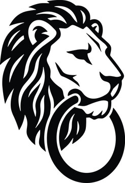 Minimal vector silhouette, antique door knocker shaped like a lion&rsquo;s head, solid black, isolated on white.