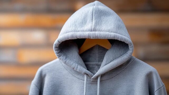 Cozy Comfort: The iconic gray hoodie, exuding simplicity and ease, hangs elegantly on a wooden hanger, a symbol of casual fashion and everyday comfort.