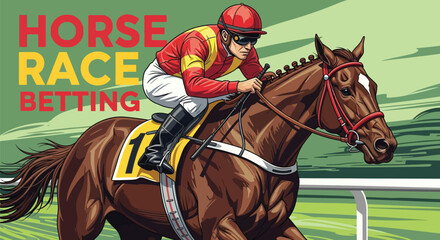 Jockey riding brown horse in red and yellow racing gear on green track © Gimhana