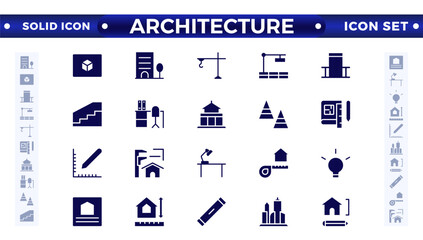 Architecture solid icons collection. Bank, temple, office, factory, shop, hotel, hospital icons. UI icon set. Apartment interior blueprint. House construction.
